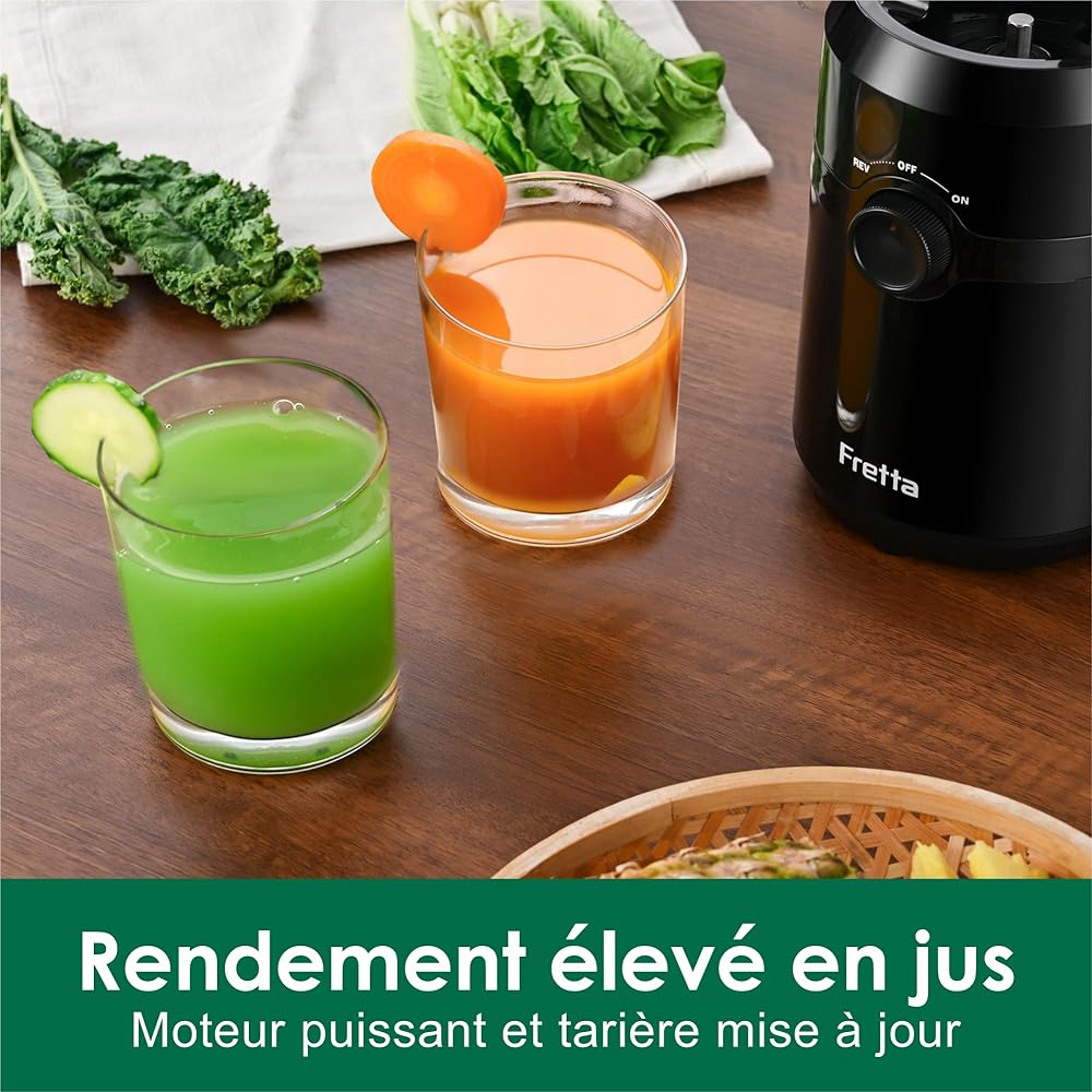 Extracteur de jus, Fretta Extracteur de jus de fruits et légumes, Slow Juicer Grand diamètre de 108 mm, 1L Très grande capacité, Pression à Froid, Facile à nettoyer, Sans BPA (Noir, 1L) : Cuisine et Maison