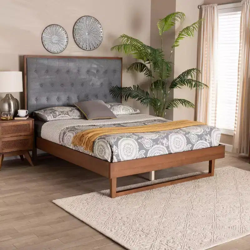 Baxton Studio Bryn Fabric and Wood Platform Bed Gray/Walnut Brown: No Box Spring, Tufted Headboard