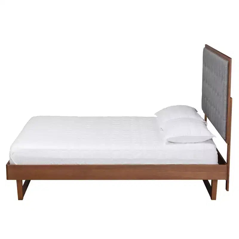 Baxton Studio Bryn Fabric and Wood Platform Bed Gray/Walnut Brown: No Box Spring, Tufted Headboard