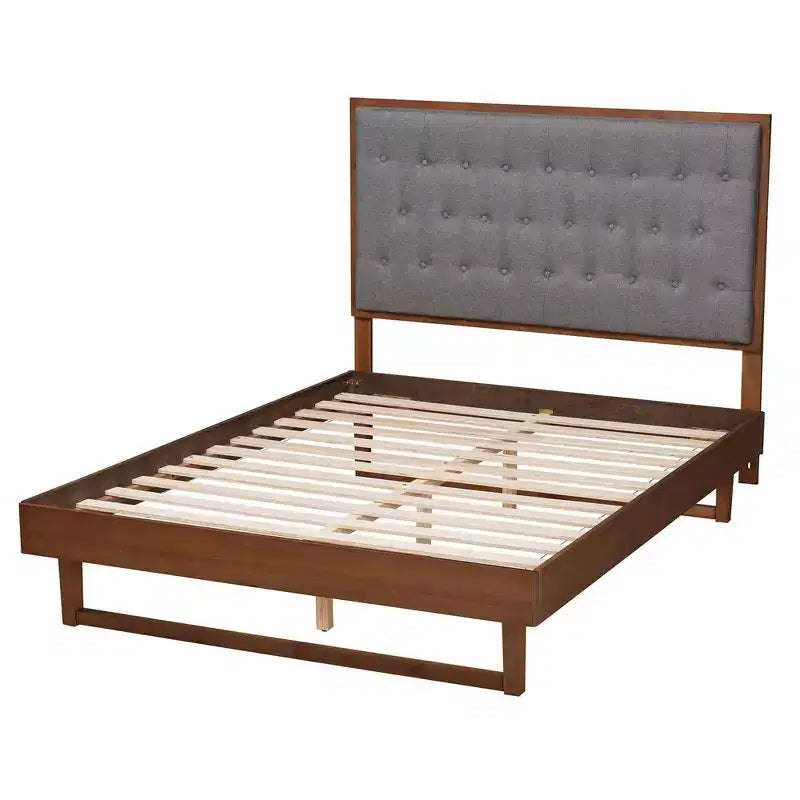 Baxton Studio Bryn Fabric and Wood Platform Bed Gray/Walnut Brown: No Box Spring, Tufted Headboard