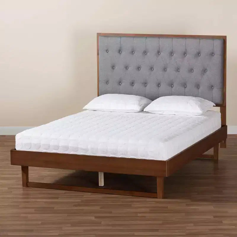 Baxton Studio Bryn Fabric and Wood Platform Bed Gray/Walnut Brown: No Box Spring, Tufted Headboard