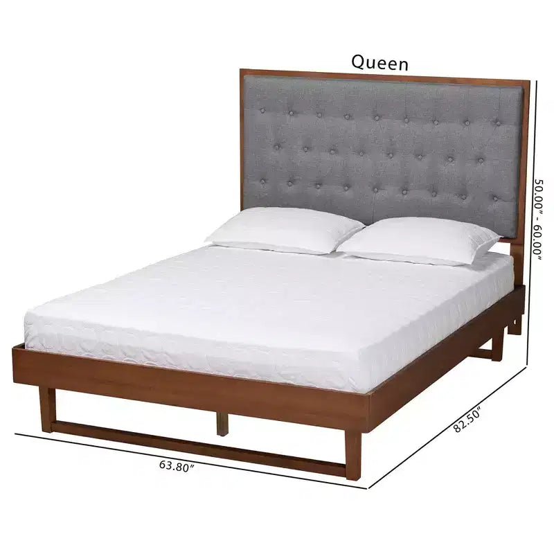 Baxton Studio Bryn Fabric and Wood Platform Bed Gray/Walnut Brown: No Box Spring, Tufted Headboard