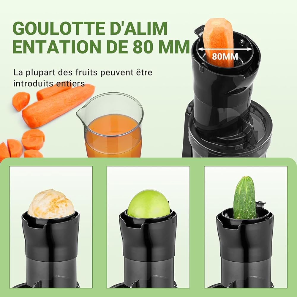 AMZCHEF Extracteur De Jus Pour Fruits Entiers 80MM - Centrifugeuse Extracteur De Jus Sans BPA - 200W Extracteur De Jus Froid Avec Tarière Améliorée, Filtre Double Couche, Moteur Silencieux - Noir Bleu : Cuisine et Maison