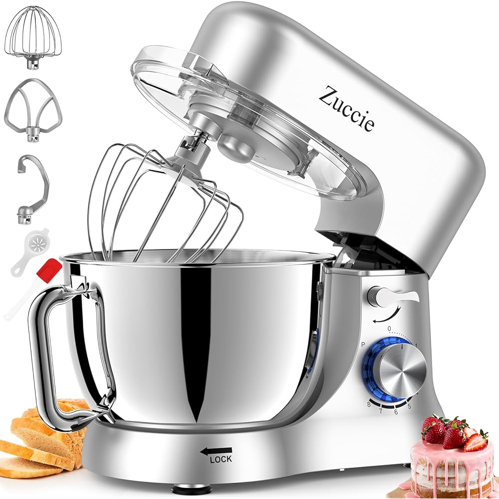 Robot Patissier, Zuccie 5 L Robot Pâtissier, 1000W Robot Cuisine avec Fouet, Batteur, Crochet, Bol d'Acier Inoxydable et Pare-éclaboussures, 8+P Vitesses Robot Pétrin Professionnel (Noir) : Cuisine et Maison