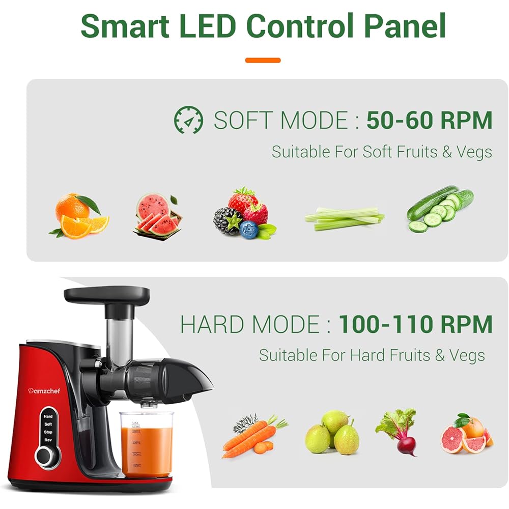 AMZCHEF Extracteur de Jus avec Double Vitesse Modes (Soft et Hard) - Extracteur de Jus de Fruits et Légumes - Juicer Machine avec Bouteille à jus Portable et 2 Tasses - Rouge [Classe énergétique A+++] : Cuisine et Maison