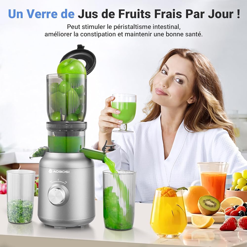 Extracteur de jus AOBOSI 250W-Extracteur de jus de fruits et légumes avec un diamètre de 103MM et 2 filtres sans métal-1.2L Extracteur jus avec 2 brevets et 40 minutes de protection thermique, Gris. : Cuisine et Maison