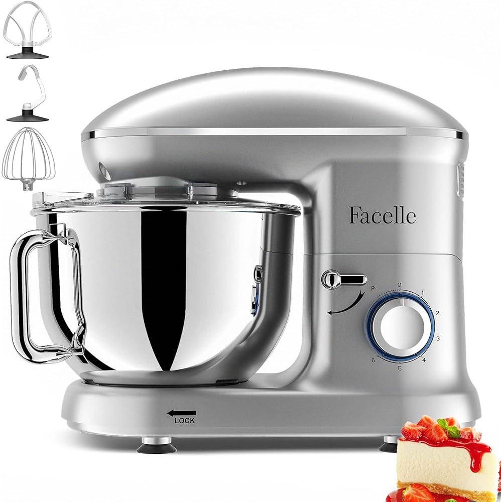 Robot Pâtissier 1500W Facelle Petit électroménager 6,2 L,avec Crochet Pétrisseur,Batteur,Fouet à Fil,protection contre les éclaboussures,pour la cuisson,les gâteaux (Argent) : Cuisine et Maison