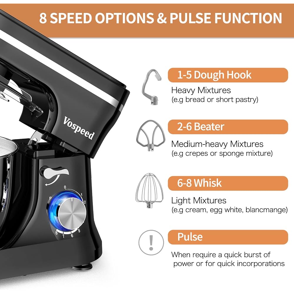 Robot Pâtissier Multifonctions, Vospeed Robot de Cuisine 1000W 5QT avec Fouet, Crochet Pétrisseur, Fouet à Gâteau, bol en acier Inoxydable, Pare-Éclaboussures (Noir) : Cuisine et Maison