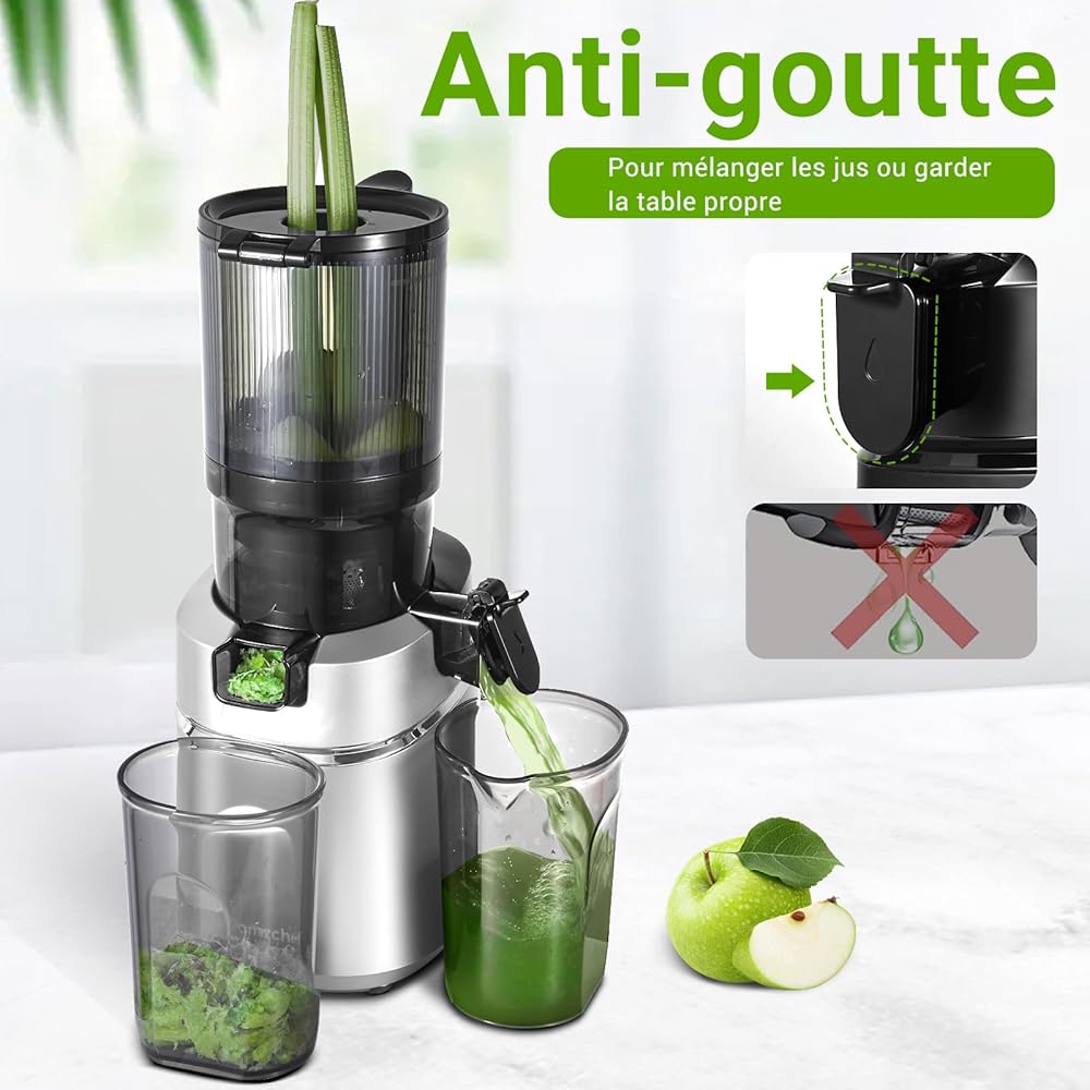 AMZCHEF Extracteur de jus automatique Vos mains libres, Ouverture de 135 mm et capacité de 1,8 L Extracteur de jus de fruits et légumes entiers, Extracteur jus lent de 250W avec triple filtre - Argent : Cuisine et Maison