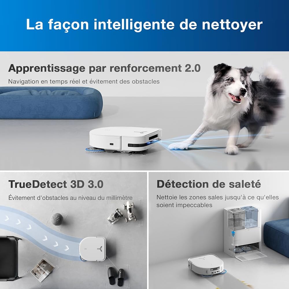 ECOVACS Aspirateur Robot DEEBOT X5 Omni, Robot Aspirateur Laveur avec Station, 12800Pa, ZeroTangle, Nettoyage Humide adaptatif TruEdge, Lavage à l'eau Chaude à 70°C, Levage des Patins de 15mm, Blanc : Cuisine et Maison