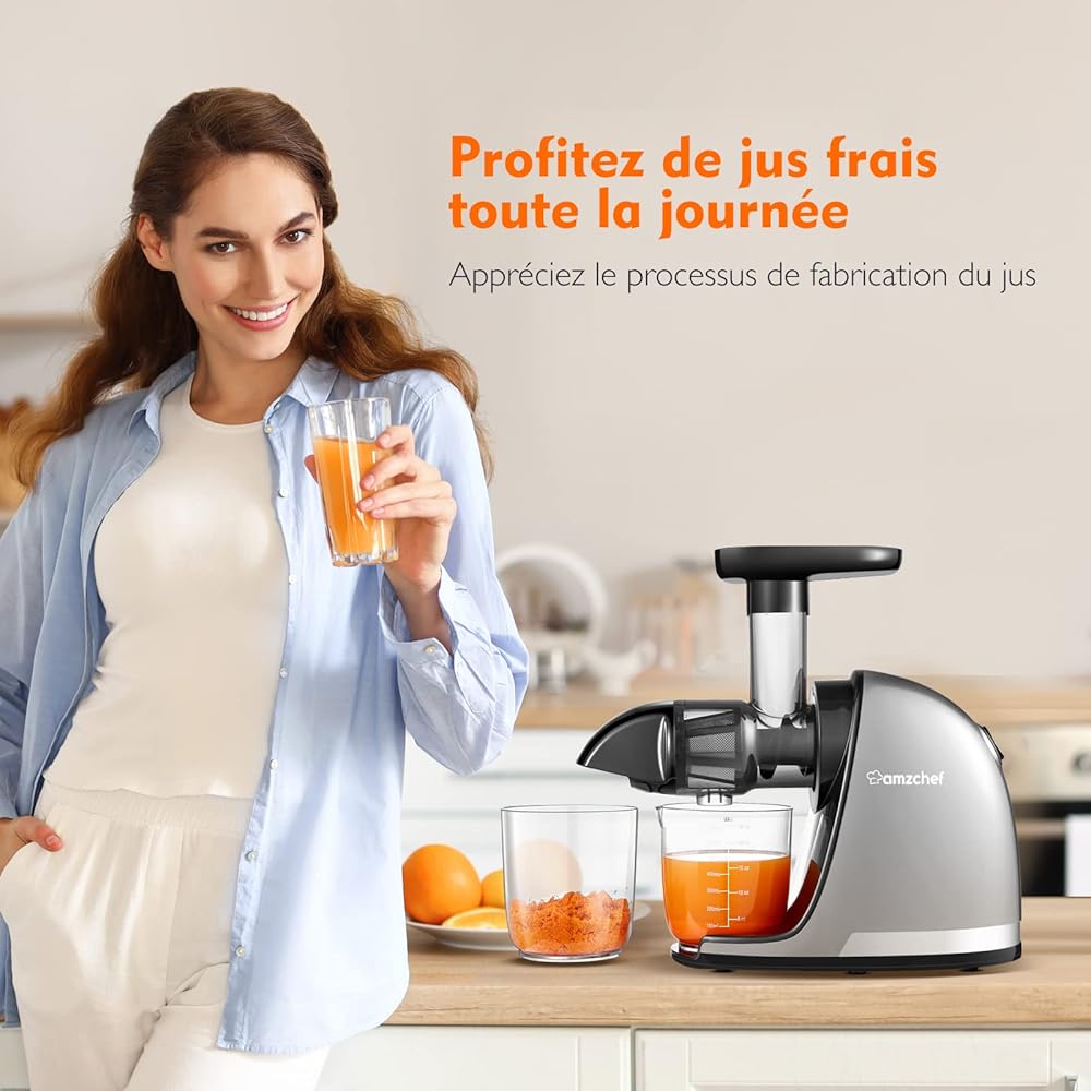 AMZCHEF Extracteur Jus - Extracteur de Jus de Fruits et Légumes - Presses-agrumes à Froid sans BPA avec 2 Tasses et Brosse - Fonction de Mastication Inversée pour Éviter les Blocages - Argent : Cuisine et Maison