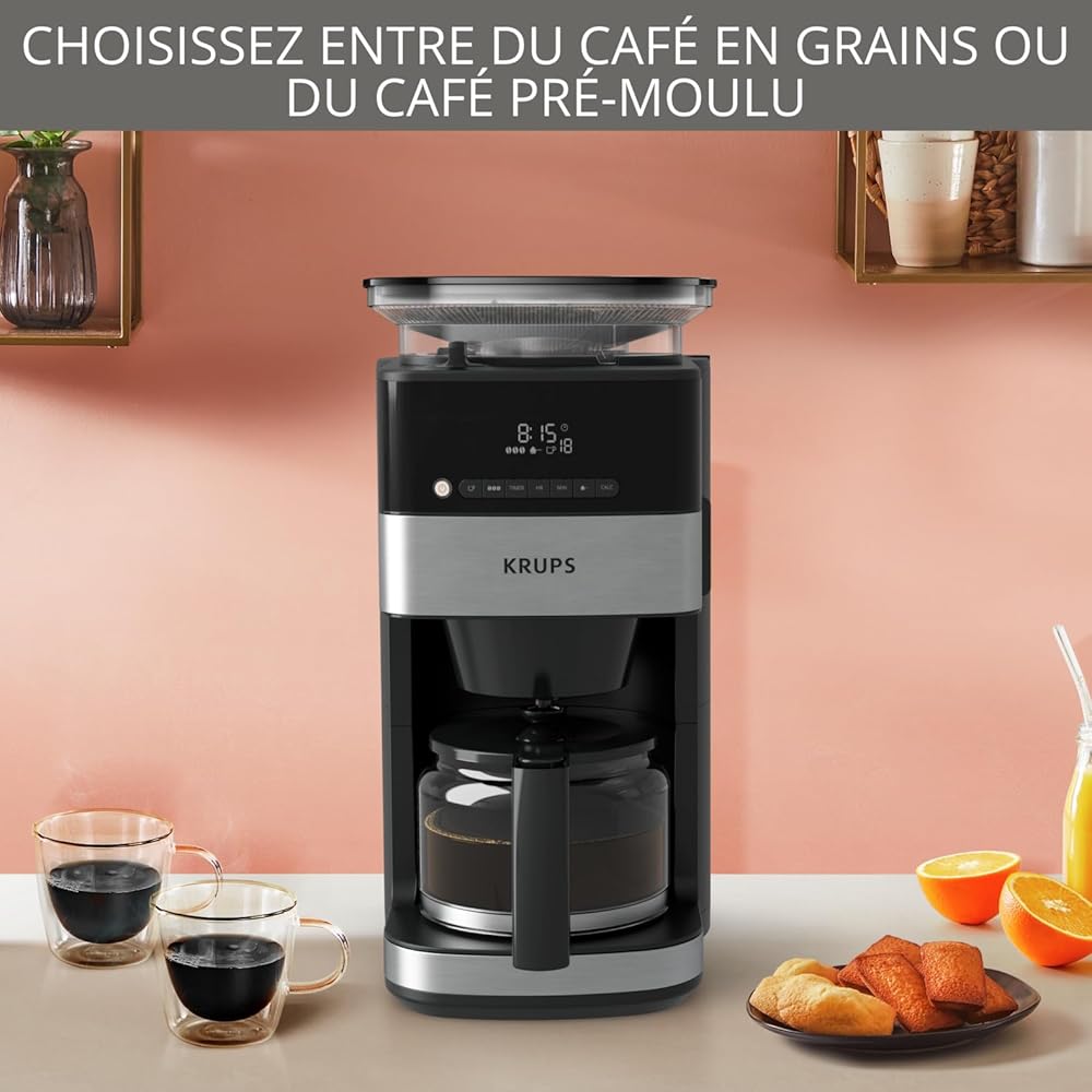 Krups Grind Aroma Cafetière filtre programmable, Broyeur à grains automatique intégré, Café grains ou moulu, 1,25 L, 10 tasses, Arrêt automatique, Ecran numérique KM832810, Noir : Cuisine et Maison