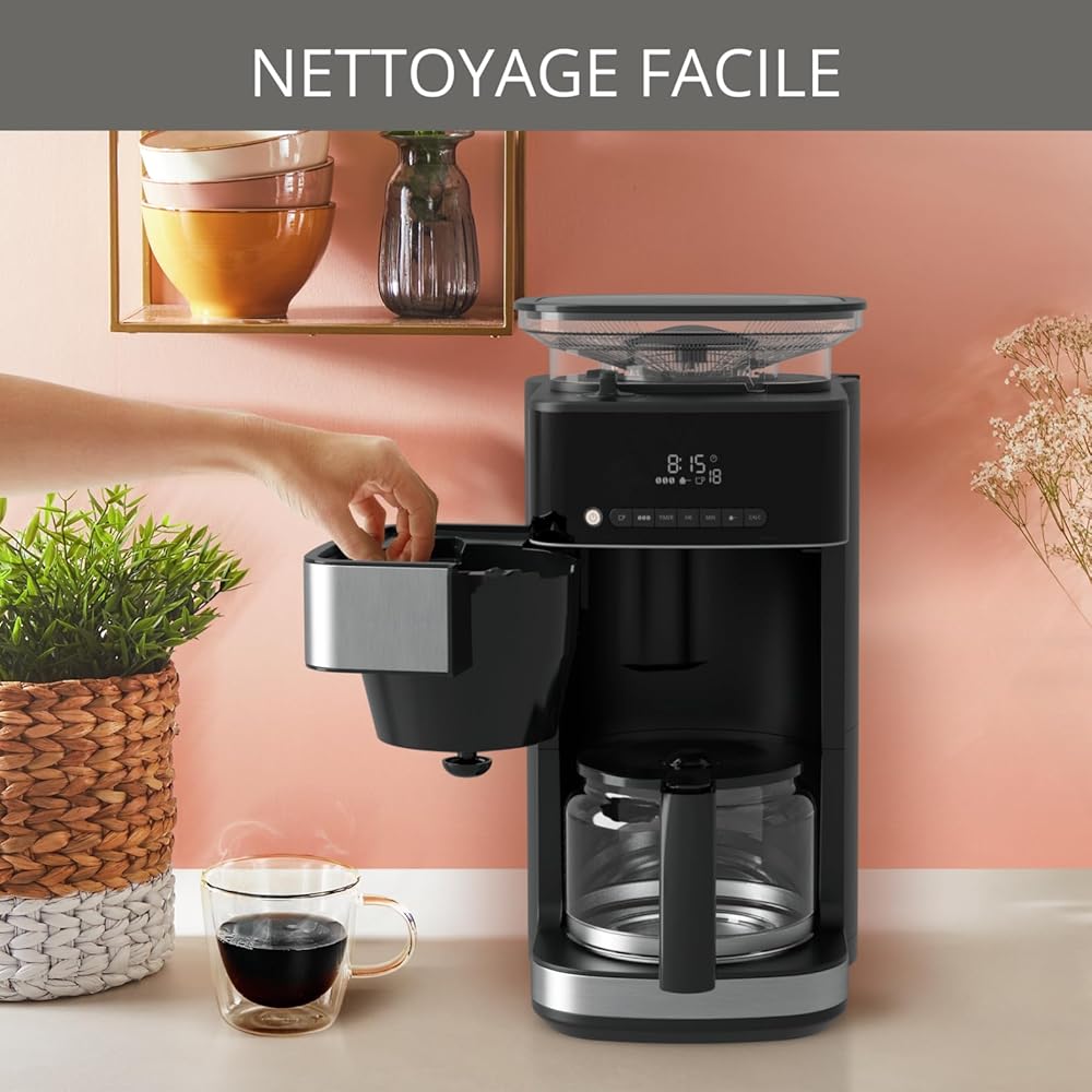 Krups Grind Aroma Cafetière filtre programmable, Broyeur à grains automatique intégré, Café grains ou moulu, 1,25 L, 10 tasses, Arrêt automatique, Ecran numérique KM832810, Noir : Cuisine et Maison