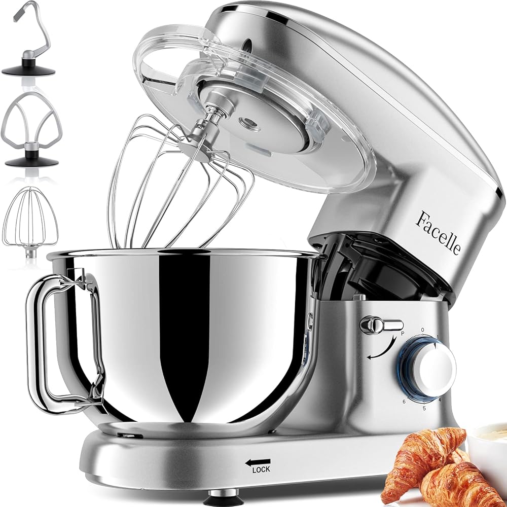 Robot Pâtissier 1500W Facelle Petit électroménager 6,2 L,avec Crochet Pétrisseur,Batteur,Fouet à Fil,protection contre les éclaboussures,pour la cuisson,les gâteaux (Argent) : Cuisine et Maison