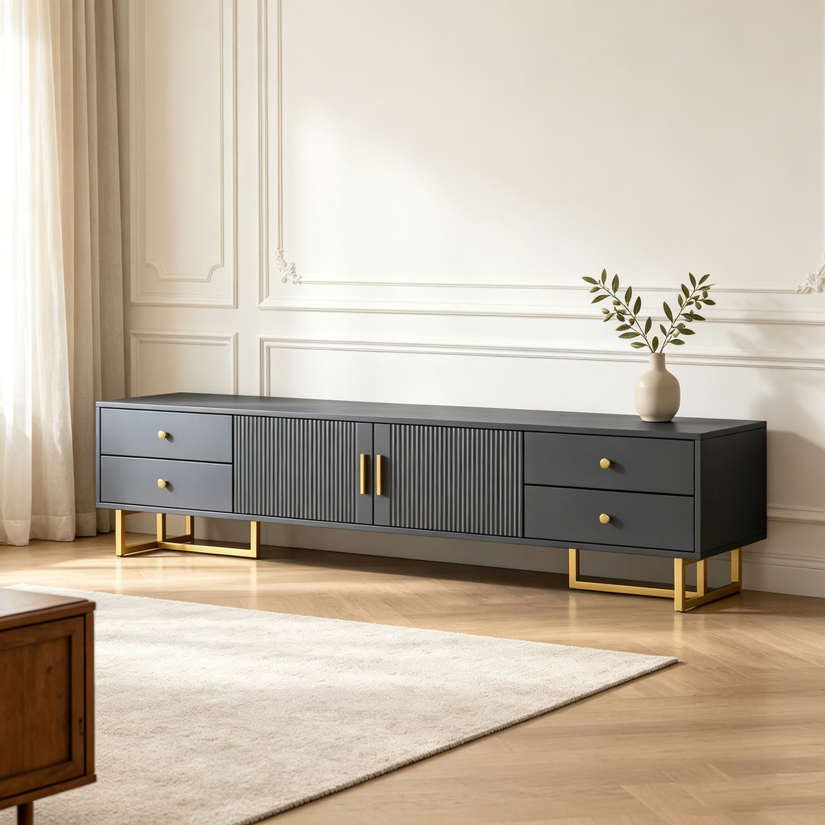 Meuble TV moderne pour téléviseur 65 pouces, meuble de divertissement, console multimédia avec tiroir, meuble de rangement TV en bois avec pieds dorés
