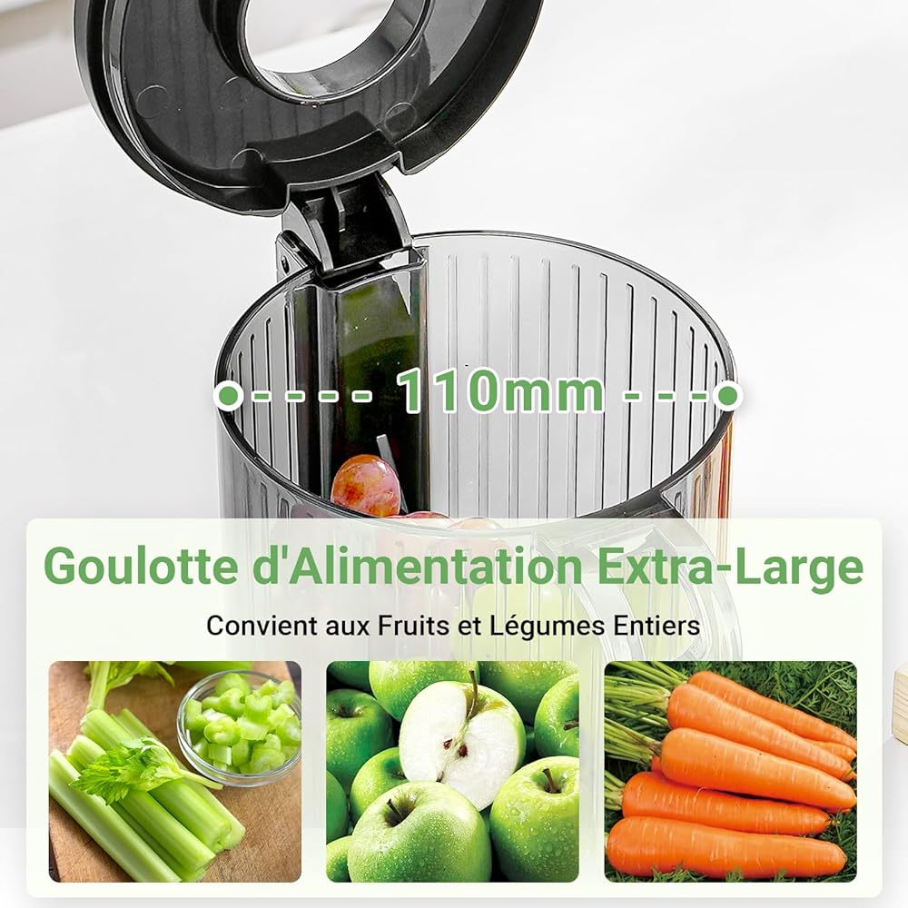 AAOBOSI Extracteur de Jus, Extracteur de Jus de Fruits et Légumes Ouverture de 110 mm, Fonction de Mastication Inversée,Sans BPA, avec 2 Tasses et Brosse, adapté à tous les Fruits et Légumes : Cuisine et Maison