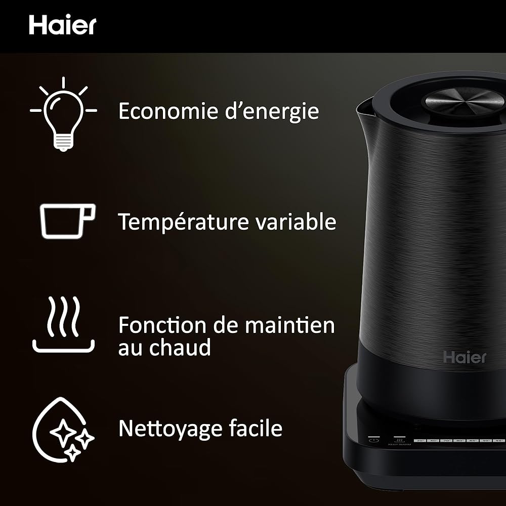 Haier I-Master Série 5 Bouilloire, Acier Inoxydable, 1,7L, Economie d'Energie, 7 Réglages de Température, Fonction de Maintien au Chaud, Fonction Tasse Unique 0,25L, 2000W [Noir] : Cuisine et Maison