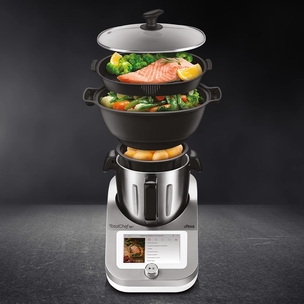 Ufesa TotalChef RK7 Robot de Cuisine Multifonctions Inteligent, WIFI, 30 Fonctions, 4.5L, Écran Tactile 7 Pouces, Balance Integrée, Livre de Recettes Interactif, Argent / Blanc : Cuisine et Maison