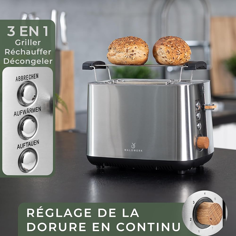 WALDWERK Design Grille Pain en Inox et Bois de Chêne - Toaster Intelligent à Fentes Larges et Profondes avec Support pour Petits Pains - Petit Grille-pain avec Tiroir Ramasse-miettes Amovible :
