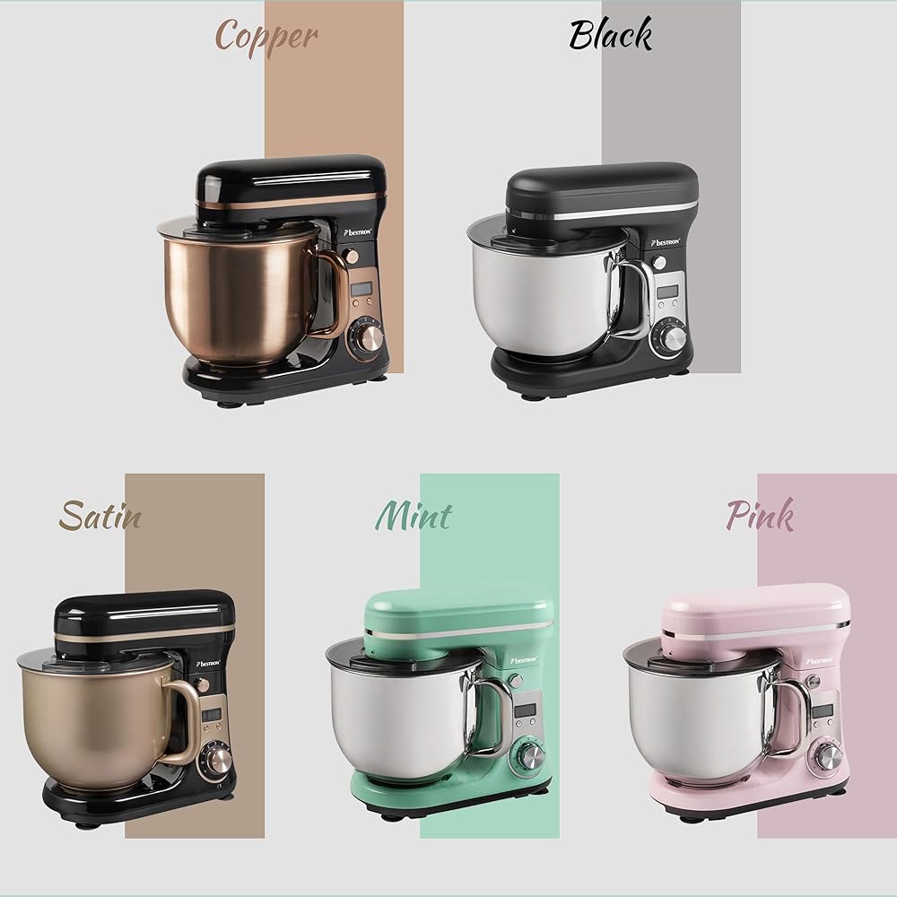 Bestron Robot Patissier, Robot pâtissier super silencieux (65 dB), Robot de cuisine 4-en-1, bol de 6 litres, inclus crochet pétrisseur, fouet et batteur plat, 6 vitesses + fonction Pulse, Cuivre : Cuisine et Maison