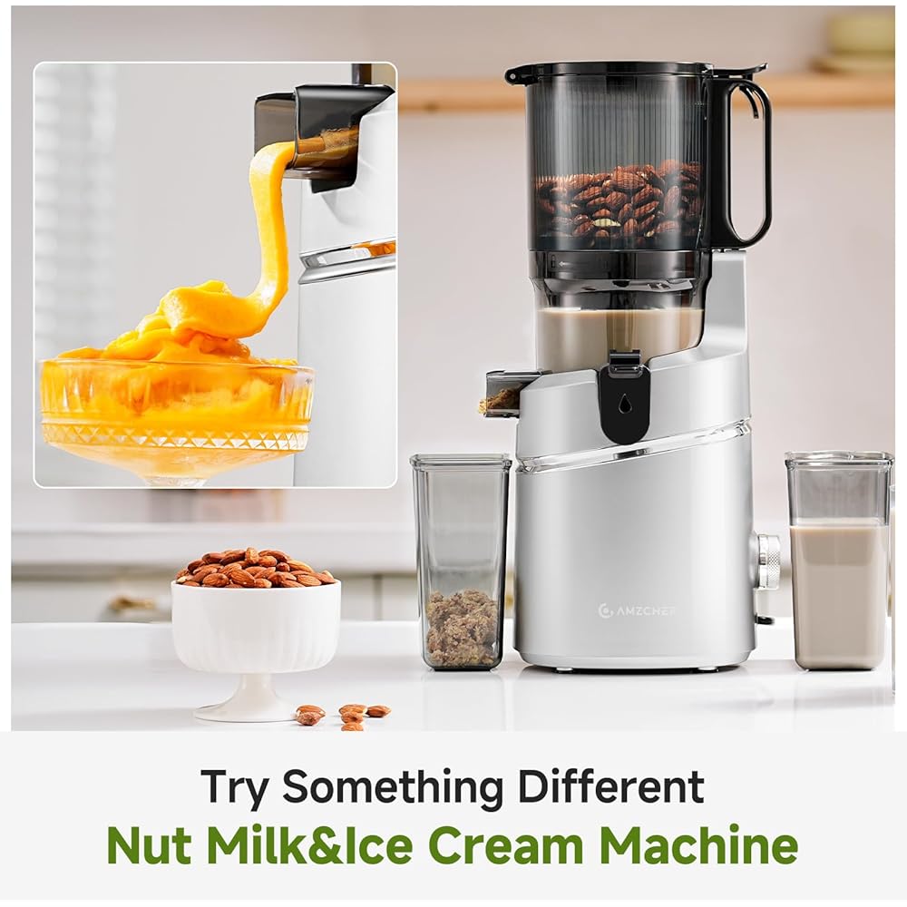 AMZCHEF Extracteur de jus automatique Vos mains libres, Ouverture de 135 mm et capacité de 1,8 L Extracteur de jus de fruits et légumes entiers, Extracteur jus lent de 250W avec triple filtre - Argent : Cuisine et Maison