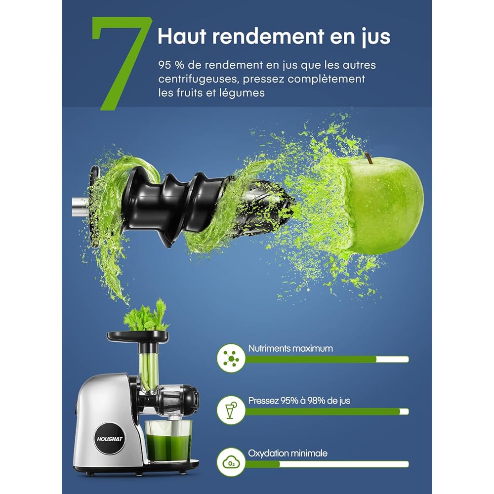 Housnat Extracteur de Jus de Fruits et Légumes, Extracteur Jus avec moteur silencieux, Slow Juicer Nutriments Maximaux - 90% Jus Pureté, Extracteur jus de Fruits et Légumes, Fonction Inverse : Cuisine et Maison