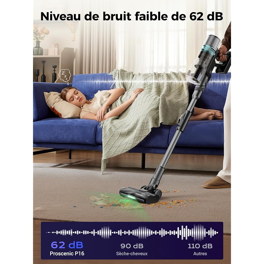 Proscenic P16 Aspirateur Balai sans Fil, 550W 50KPa 65 Mins Aspirateur sans Fil Hyper-Puissant, Tube Pliable,Technologie GreenEye,Brosse Anti-Emmêlement Pour Tapis,Poils Animaux, Sol Dur et Voiture : Cuisine et Maison