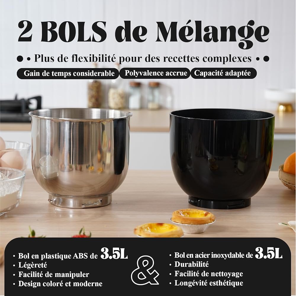 Kitchen in the Box Robot Pâtissier, 3.5L avec Deux Bols, Compact et Léger, 10 Vitesses avec Fonction Pulse, Finition Mate, Fouet, Crochet Pétrisseur et Batteur, Noir : Cuisine et Maison