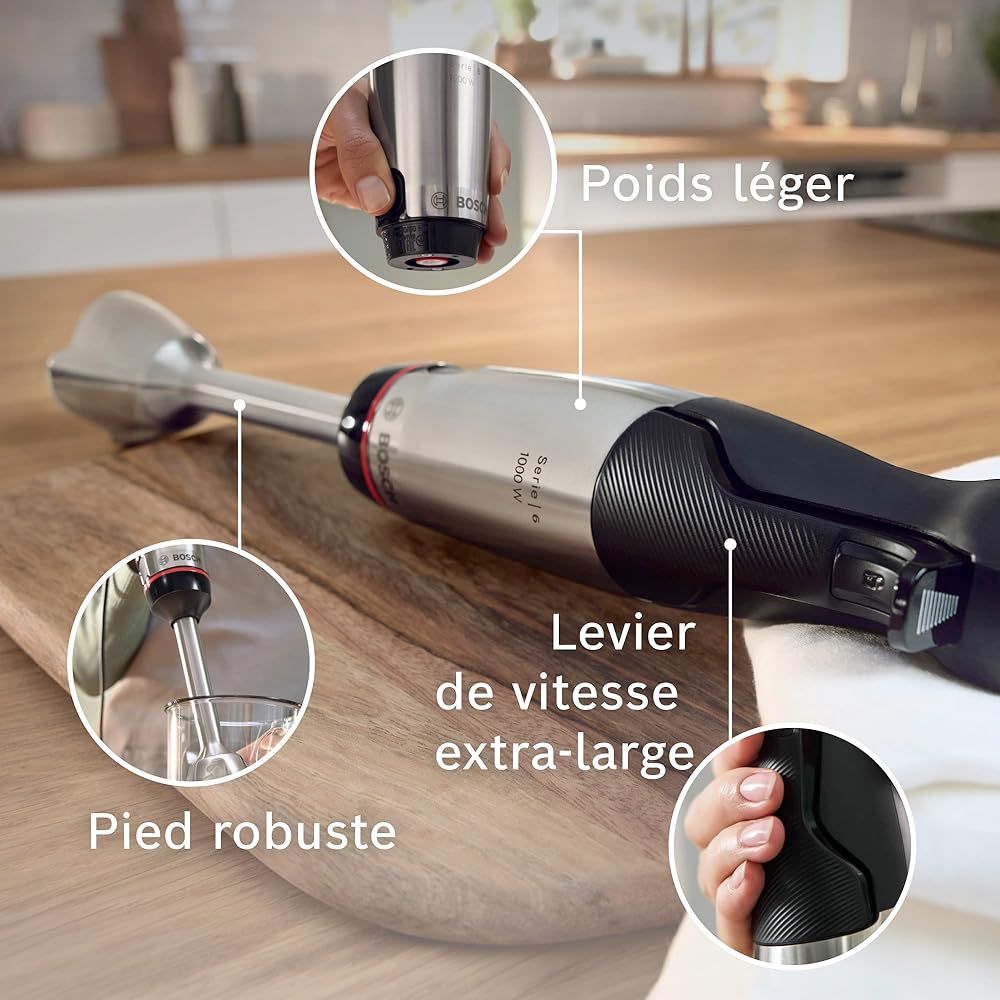 Bosch, mixeur plongeant, ErgoMaster Series 6, moteur 1200 watts refroidi par air, contrôle dynamique de la vitesse, couteau QuattroBlade Pro, accessoires inclus, MSM6M810 : Cuisine et Maison