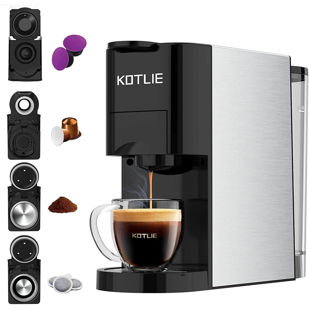 KOTLIE AC-513K 4 en 1 Cafetières à Capsules pour NES/DG/Café en Poudre/ESE(44mm), Pression de 19Bar, 0.8L Réservoir d'eau,Capacité Personnalisable（Noir） : Cuisine et Maison
