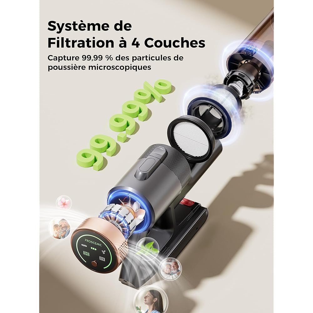 Proscenic P11 Ultra Aspirateur Balai sans Fil,40KPA 450W Aspirateur sans Fil Puissant,LED GreenEye,Brosse Anti-Emmêlement,télescopique Léger Aspirateur Balai pour Tapis Poils Animaux Sol Dur Voiture : Cuisine et Maison