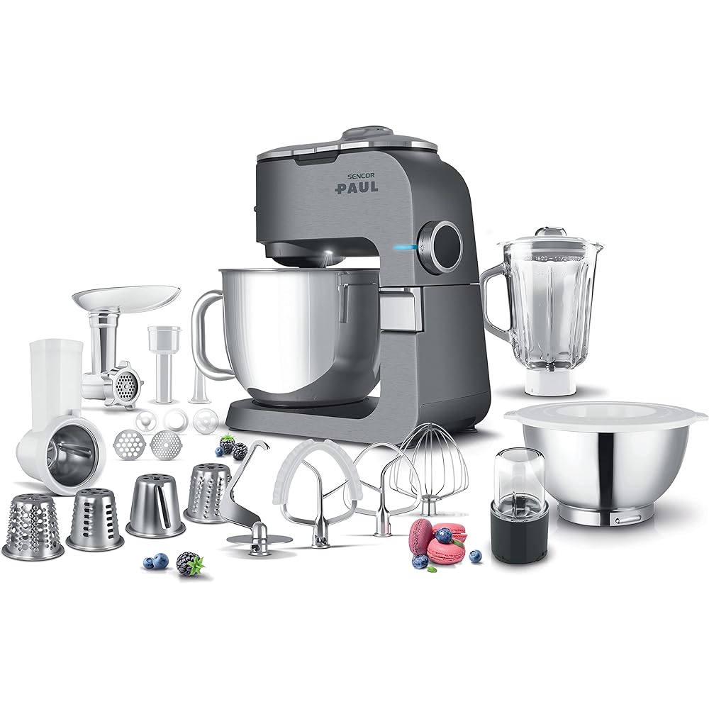 Sencor Robot Pâtissier multifonctions Premium, Robot de Cuisine Robust full metal, Moteur 1500W Surpuissant, avec Éclairage Led, silencieux, fonction Smart Power avec Accessoires complets et broyeuse : Cuisine et Maison