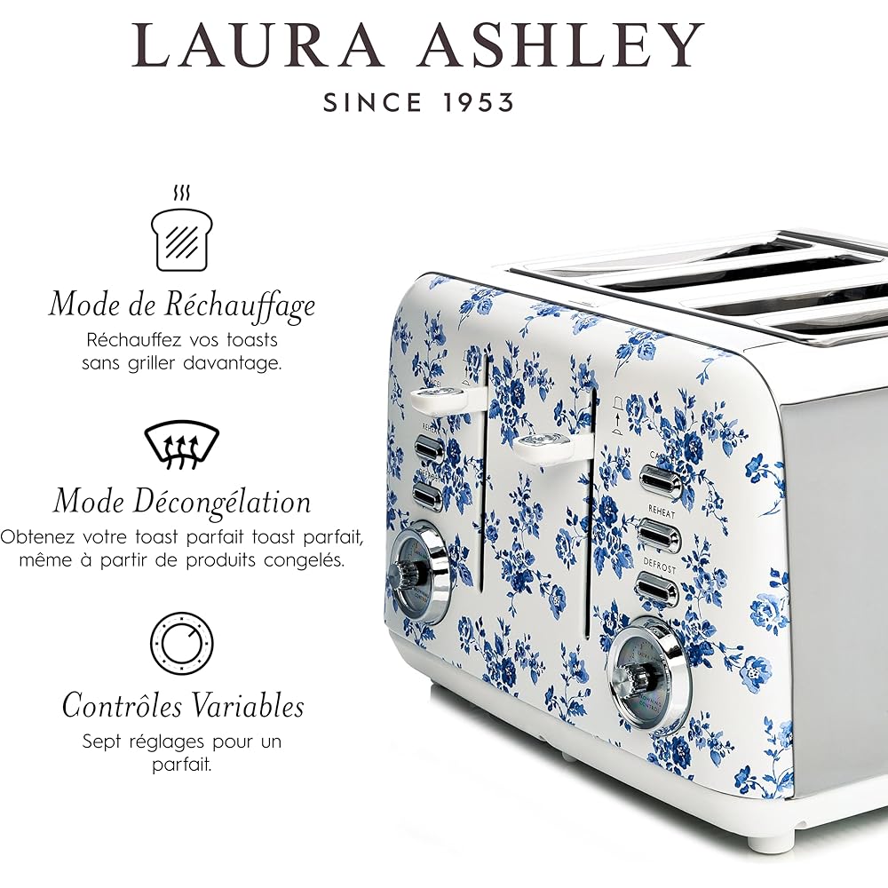 VQ Laura Ashley Grille-Pains 4 Tranches avec Modes de Chauffage, Décongélation et Réchauffage Réglables - Inox Grille Pain Vintage avec un Support de Réchauffage Pour Croissants - China Rose : Cuisine et Maison