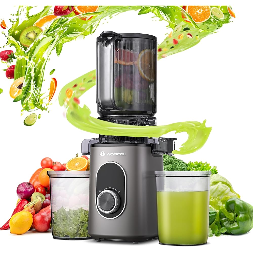 AAOBOSI Extracteur de Jus, Extracteur de Jus de Fruits et Légumes Ouverture de 110 mm, Fonction de Mastication Inversée,Sans BPA, avec 2 Tasses et Brosse, adapté à tous les Fruits et Légumes : Cuisine et Maison