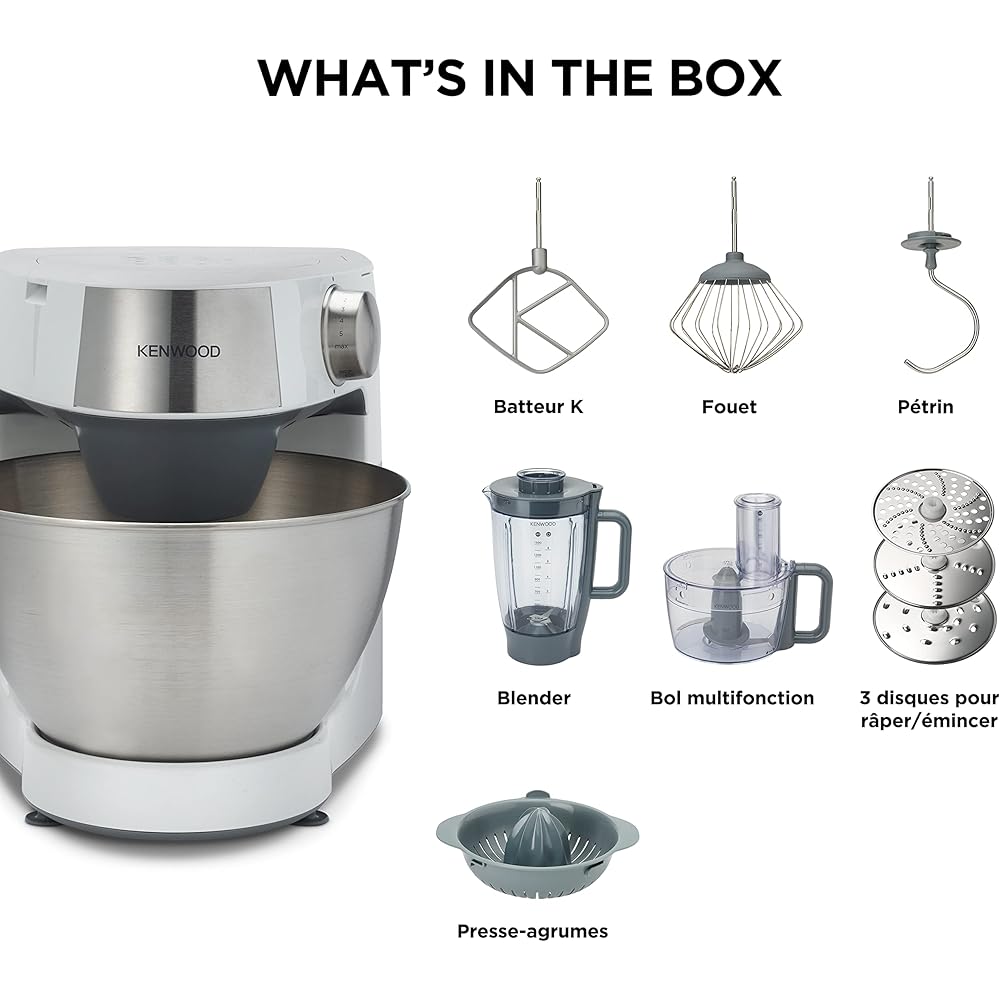 Kenwood Prospero+ KHC29.H0WH, Robot de Cuisine Patissier Multifonction, Mélanger, Battre et Pétrir, Blender 1.5L, Bol Multifonction 1.4L avec Trois Disques et Presse-Agrumes, Bol 4.3L, 1000W, Blanc : Cuisine et Maison