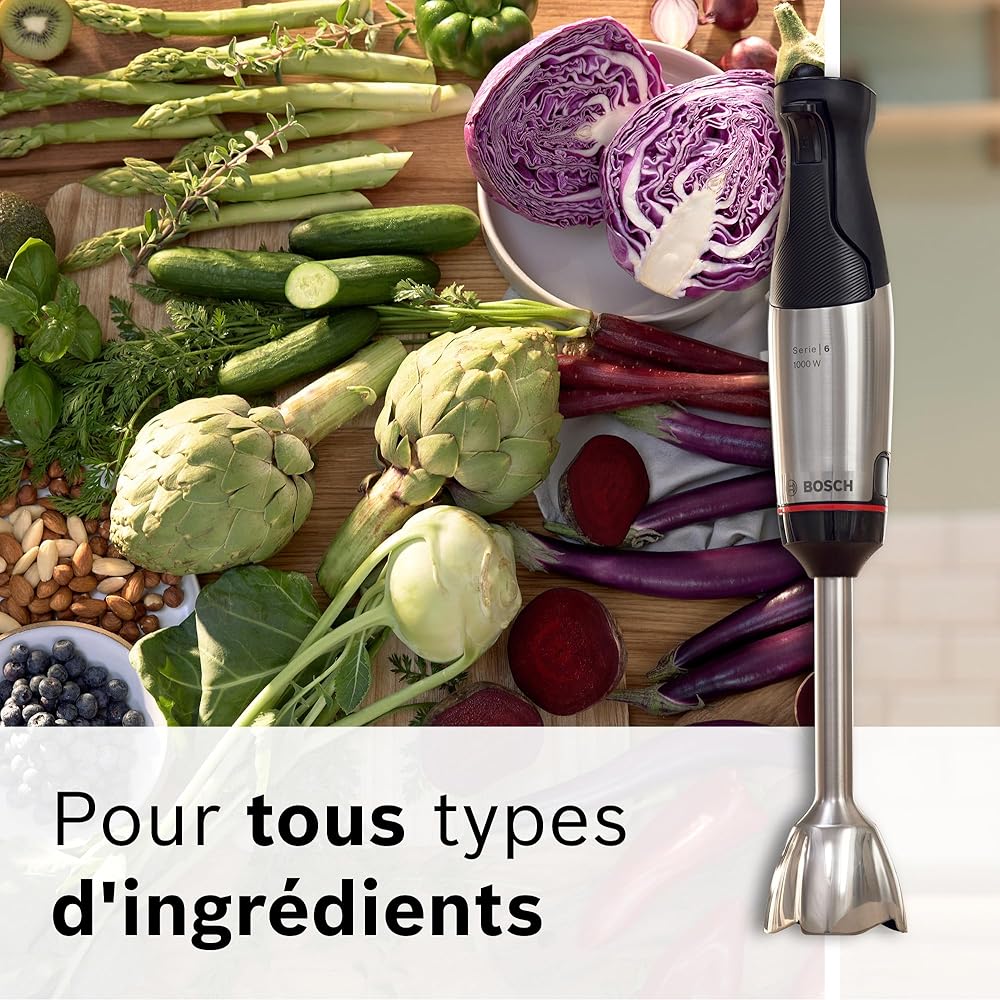 Bosch, mixeur plongeant, ErgoMaster Série 6, moteur 1000 watts refroidi par air, variateur de vitesse extra large, système de mixage QuattroBlade System Pro, accessoires inclus, MSM6M673 : Cuisine et Maison