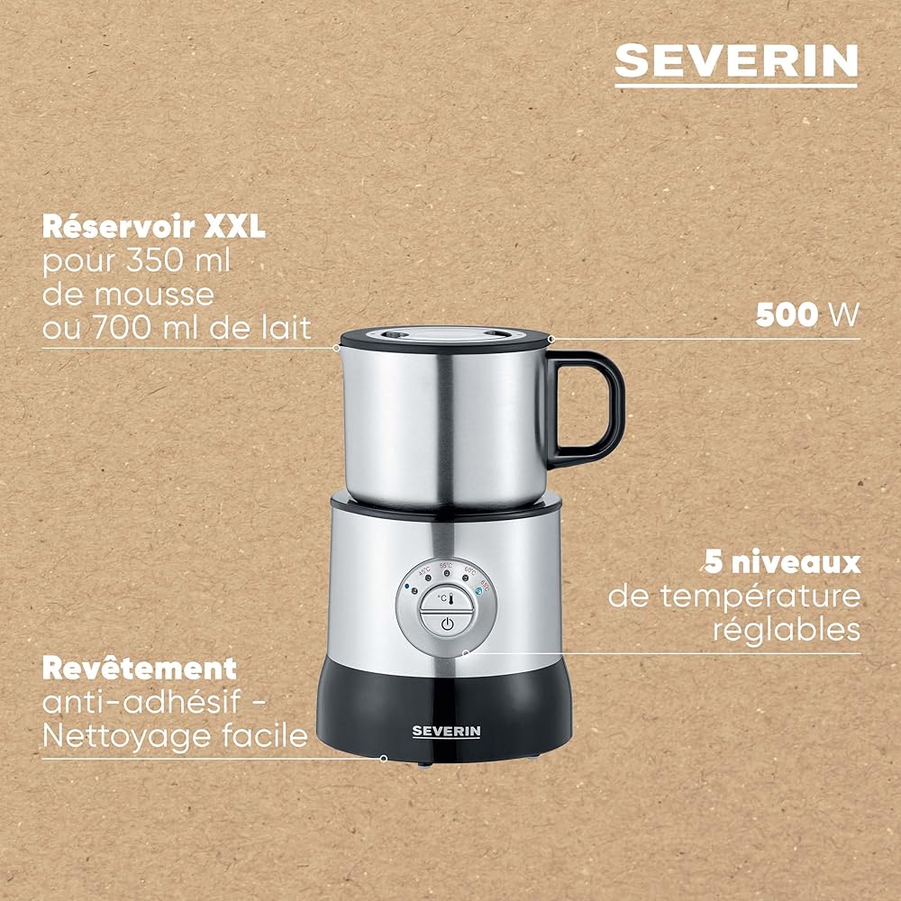 SEVERIN Émulsionneur à lait 500 W, Mousseur de lait à induction, Mousseur à lait électrique, Chocolatière 700 ml, température réglable, inox/noir, SM 3583 : Cuisine et Maison