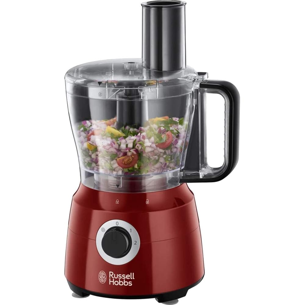 Russell Hobbs Robot de cuisine Multifonction [Blender/Mixeur/Broyeur/Coupeur/Râpeur/Batteur] Desire Rouge (Lames pétrin incl. + accessoires compatibles lave-vaisselle, 2 vitesses, 600W) 24730-56 : Cuisine et Maison