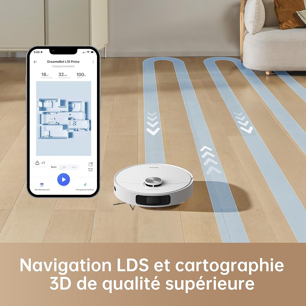 dreame L10 Prime Robot Aspirateur Laveur avec Ascenseur de Serpillière de 7mm, Nettoyage Automatique, Navigation LDS, Cartographie 3D, 4000Pa d'Aspiration, WiFi/APP/Alexa pour Poils Animaux, Tapis : Cuisine et Maison