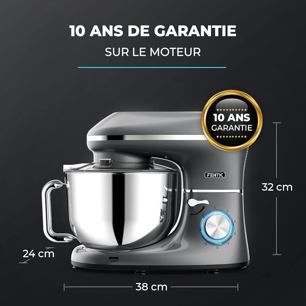 Fentic Robot Pâtissier – 2000W – Bol mélangeur en acier inoxydable (6,2L) – Avec fouet, Crochet pétrisseur et Batteur plat – Incl. et accessoires supplémentaires (Anthracite) : Cuisine et Maison