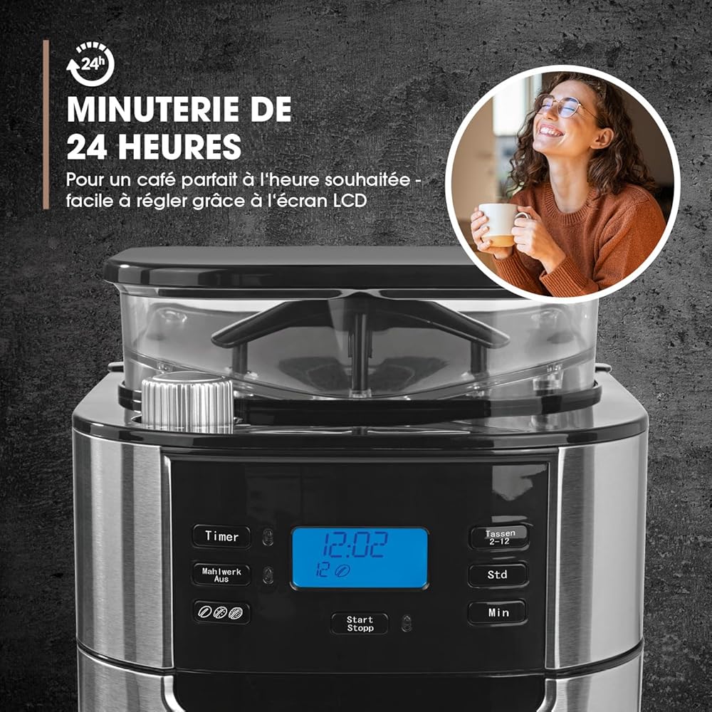 Barista Cafetière Filtre avec verseuse Isotherme 1L pur 12 tasses de café, Machine a cafe grain avec broyeur et écran digital, Fonction de minuterie : Cuisine et Maison