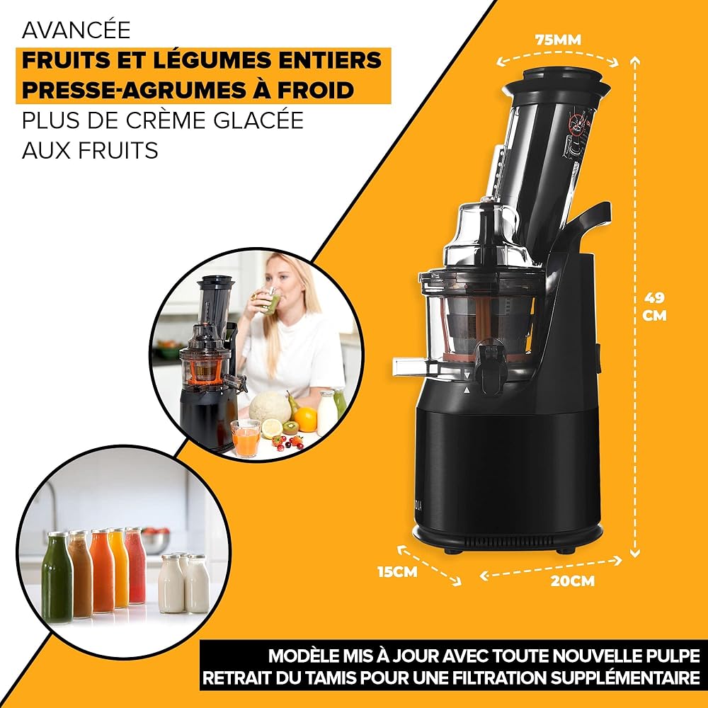 Jus de Fruits et Légumes à Mastication Lente, Slow Juicer, Jus Frais et Santé, Sorbet, Crème Glacée, Bouche 75 mm, sans BPA, 240 Watts, Pression à Froid, Acier Inoxydable Noir Fridja f1900 : Cuisine et Maison