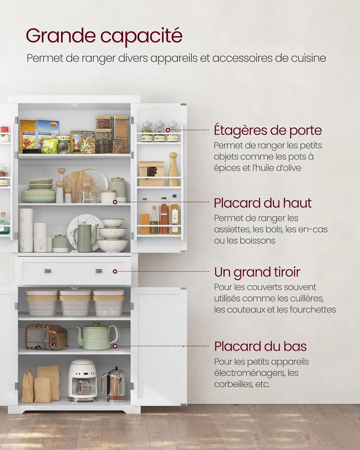 Buffet Haut Cuisine, Meuble de Rangement, avec Tiroir, Placards, Étagères Réglables, Blanc BBC561W21