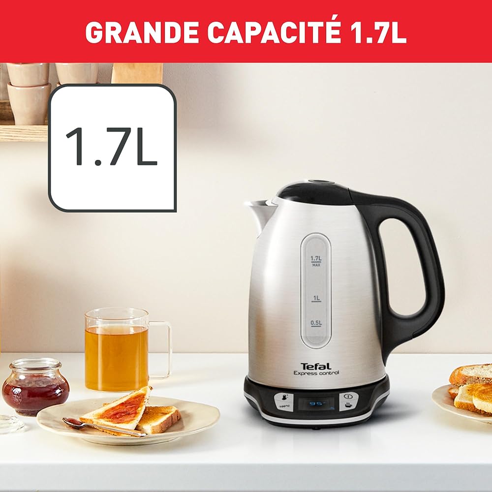Tefal Bouilloire électrique sans fil inox, 1,7 L, 2400 W, 7 températures réglables de 60 à 100°, Ecran digital, Maintien au chaud 60 min, Express Control KI240D10 : Cuisine et Maison