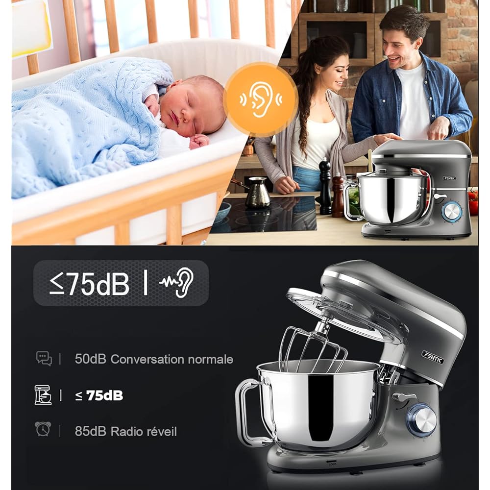 Fentic Robot Pâtissier – 2000W – Bol mélangeur en acier inoxydable (6,2L) – Avec fouet, Crochet pétrisseur et Batteur plat – Incl. et accessoires supplémentaires (Anthracite) : Cuisine et Maison