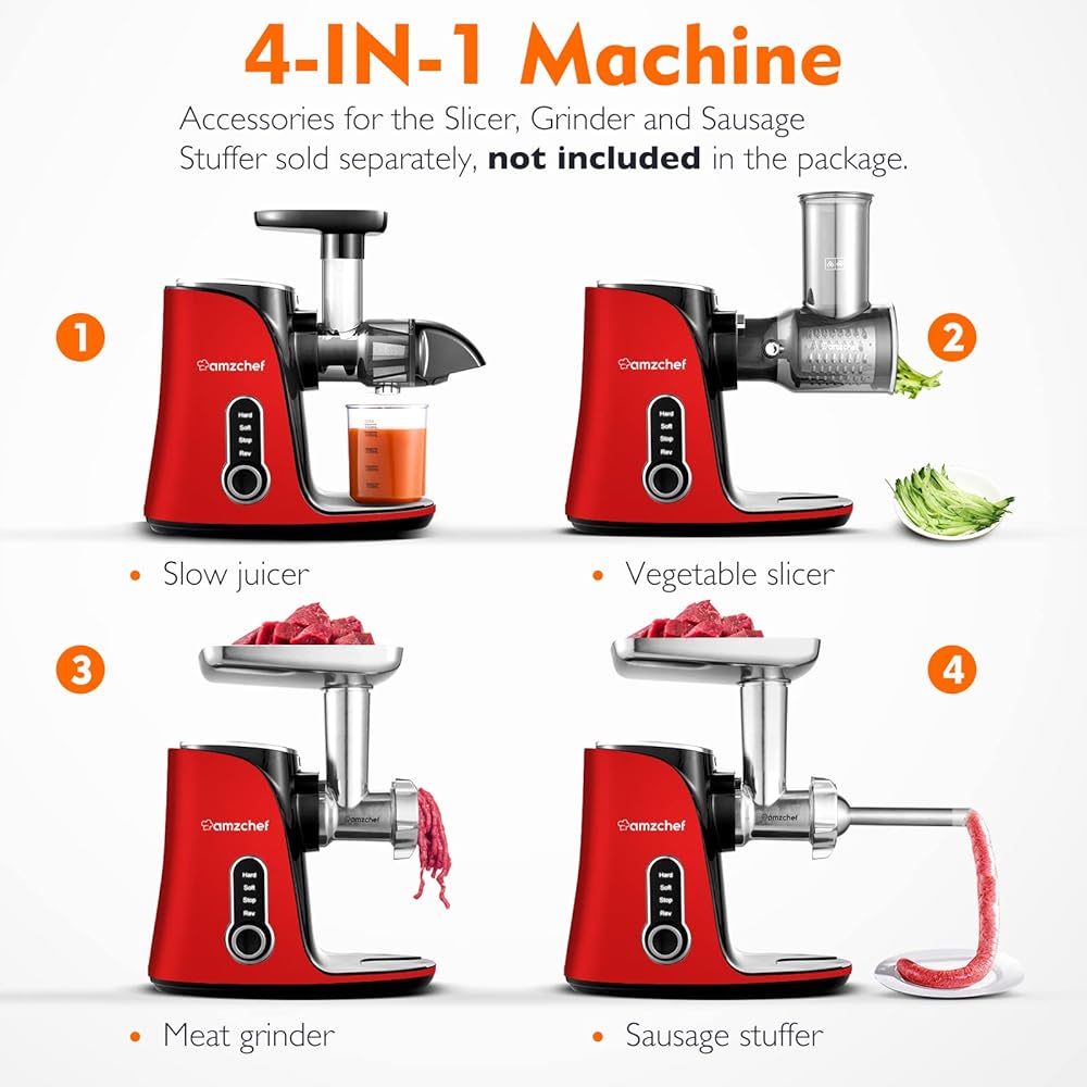 AMZCHEF Extracteur de Jus avec Double Vitesse Modes (Soft et Hard) - Extracteur de Jus de Fruits et Légumes - Juicer Machine avec Bouteille à jus Portable et 2 Tasses - Rouge [Classe énergétique A+++] : Cuisine et Maison