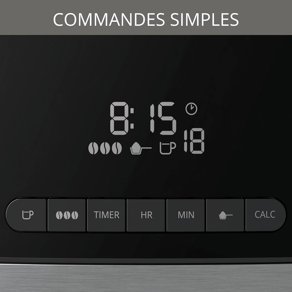Krups Grind Aroma Cafetière filtre programmable, Broyeur à grains automatique intégré, Café grains ou moulu, 1,25 L, 10 tasses, Arrêt automatique, Ecran numérique KM832810, Noir : Cuisine et Maison