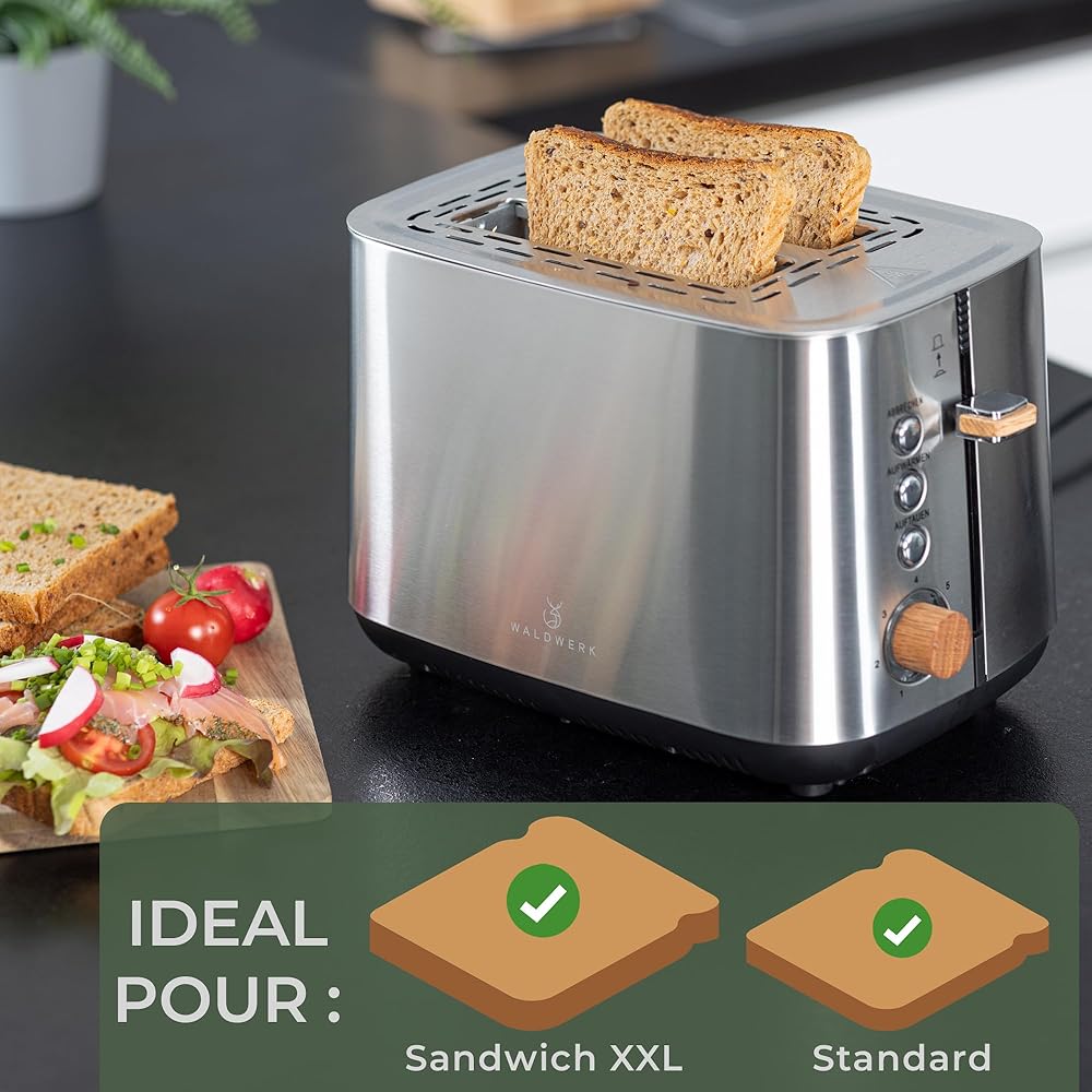 WALDWERK Design Grille Pain en Inox et Bois de Chêne - Toaster Intelligent à Fentes Larges et Profondes avec Support pour Petits Pains - Petit Grille-pain avec Tiroir Ramasse-miettes Amovible :