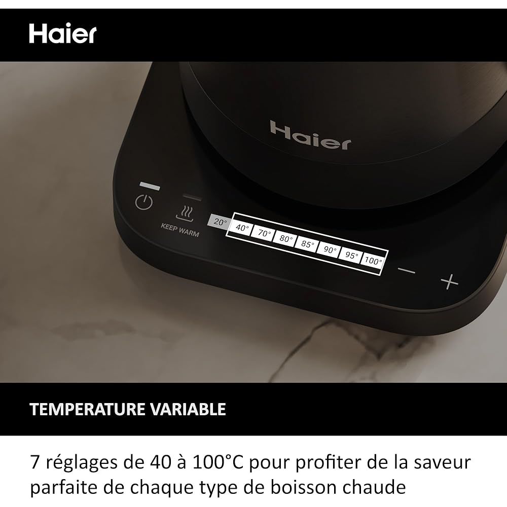 Haier I-Master Série 5 Bouilloire, Acier Inoxydable, 1,7L, Economie d'Energie, 7 Réglages de Température, Fonction de Maintien au Chaud, Fonction Tasse Unique 0,25L, 2000W [Noir] : Cuisine et Maison