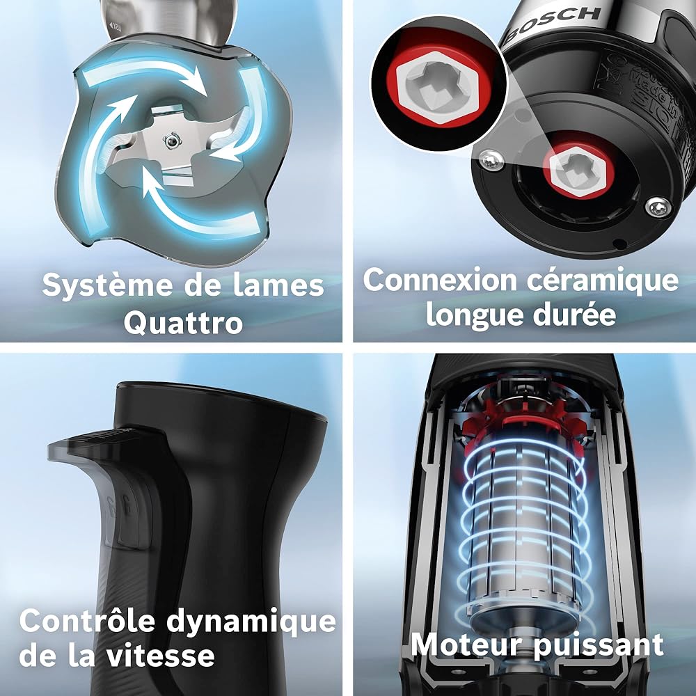 Bosch, mixeur plongeant, ErgoMaster Series 6, moteur 1200 watts refroidi par air, contrôle dynamique de la vitesse, couteau QuattroBlade Pro, accessoires inclus, MSM6M810 : Cuisine et Maison